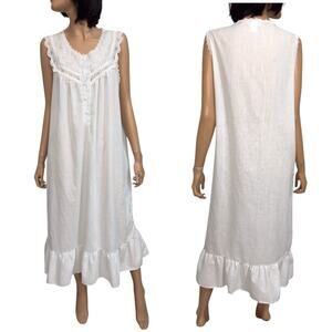 Vintage Midi Chemise Dress Nightgown L White Embroidered Pearl Buttons Cottage